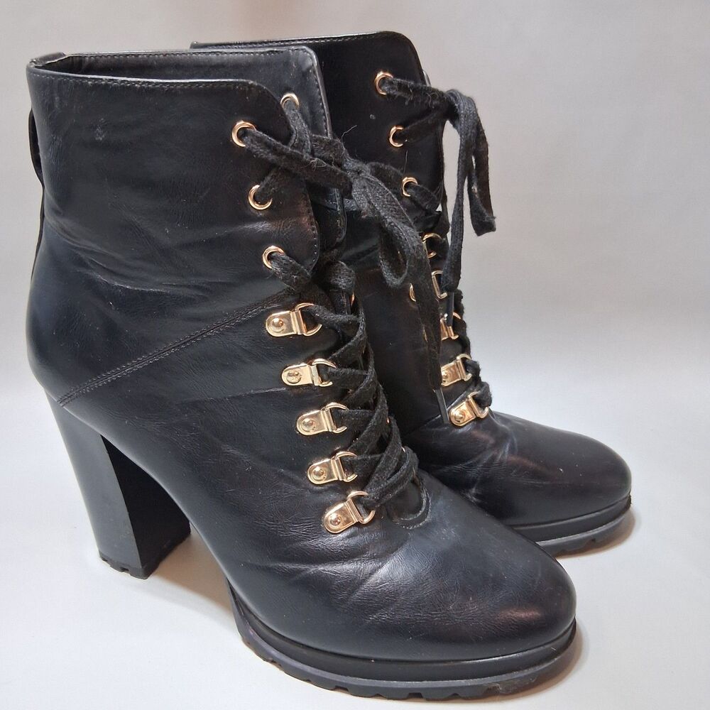 ALDO‎ Ygrette Black Lace Up Chunky Heel Platform Combat Ankle Boots Size 9.5